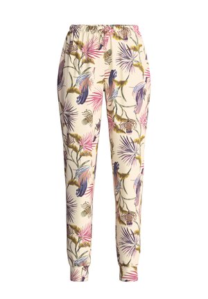 Lichte, beige joggingbroek met een bloemmotief in roze, paars en groen. Voorzien van een elastische tailleband en taps toelopende boorden.