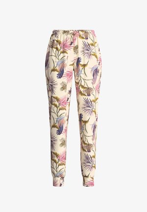 Leichte, beige Jogginghosen mit einem Blumenmuster in Rosa, Lila und Grün. Sie verfügen über einen elastischen Bund und verjüngte Bündchen.