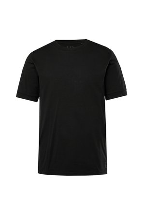 T-shirt noir à manches courtes en coton doux, avec un col rond classique et une coupe décontractée. Pas de motifs ni d'accents visibles.