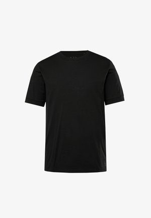 Czarny krótki t-shirt z krótkim rękawem wykonany z miękkiej bawełny, z klasycznym okrągłym dekoltem i luźnym krojem. Brak widocznych wzorów lub akcentów.