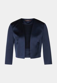 Giacca corta in raso blu navy con maniche tre quarti e apertura frontale, disegnata da Vera Mont.