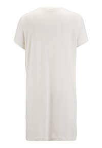 Short-sleeve, crew-neck T-shirt in soft, off-white fabric. Simple design with straight cut and subtle hem detail. No visible patterns or graphics.