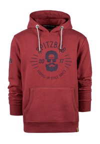 Roter Hoodie mit einer Fronttasche, Kapuze mit Kordelzug und bedrucktem Grafikelement, das einen Schädel und Text zeigt. Rippbündchen und -saum.