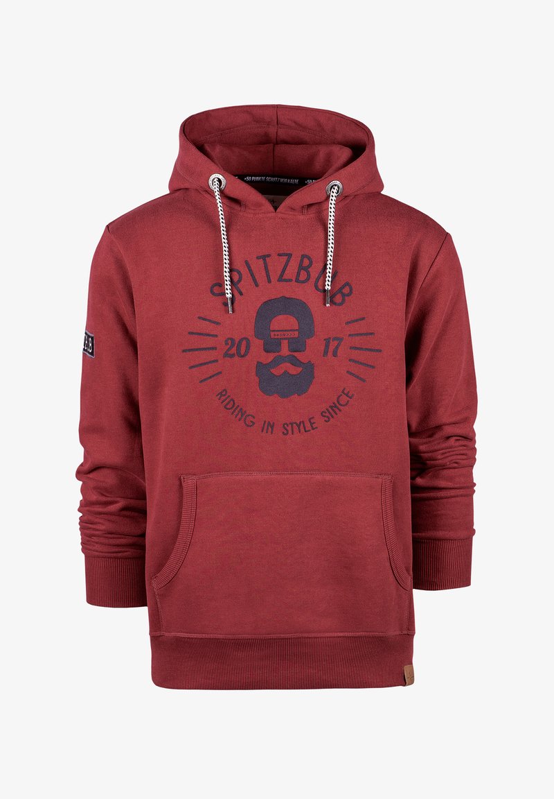 Roter Hoodie mit einer Fronttasche, Kapuze mit Kordelzug und bedrucktem Grafikelement, das einen Schädel und Text zeigt. Rippbündchen und -saum.