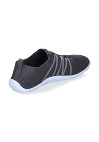 Lightweight black mesh athletic shoe with gray elastic accents, a cushioned white sole, and a breathable design for comfort.