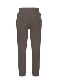 Pantalons gris foncé en matière douce ; design fuselé avec taille élastique et poignets, présentant une texture lisse et sans poches visibles.