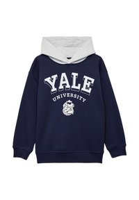 Sudadera azul marino con capucha gris claro. Presenta "YALE UNIVERSITY" en texto blanco y un gráfico de un bulldog en el frente. Material de mezcla de algodón.
