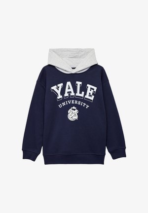 Marineblauwe sweatshirt met een lichtgrijze capuchon. Heeft "YALE UNIVERSITY" in witte tekst en een bulldogafbeelding op de voorkant. Gemaakt van een katoenmix.