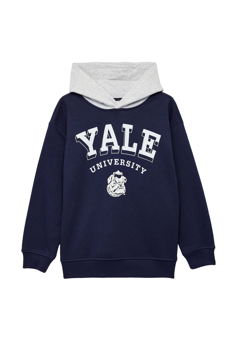 Sudadera azul marino con capucha gris claro. Presenta "YALE UNIVERSITY" en texto blanco y un gráfico de un bulldog en el frente. Material de mezcla de algodón.