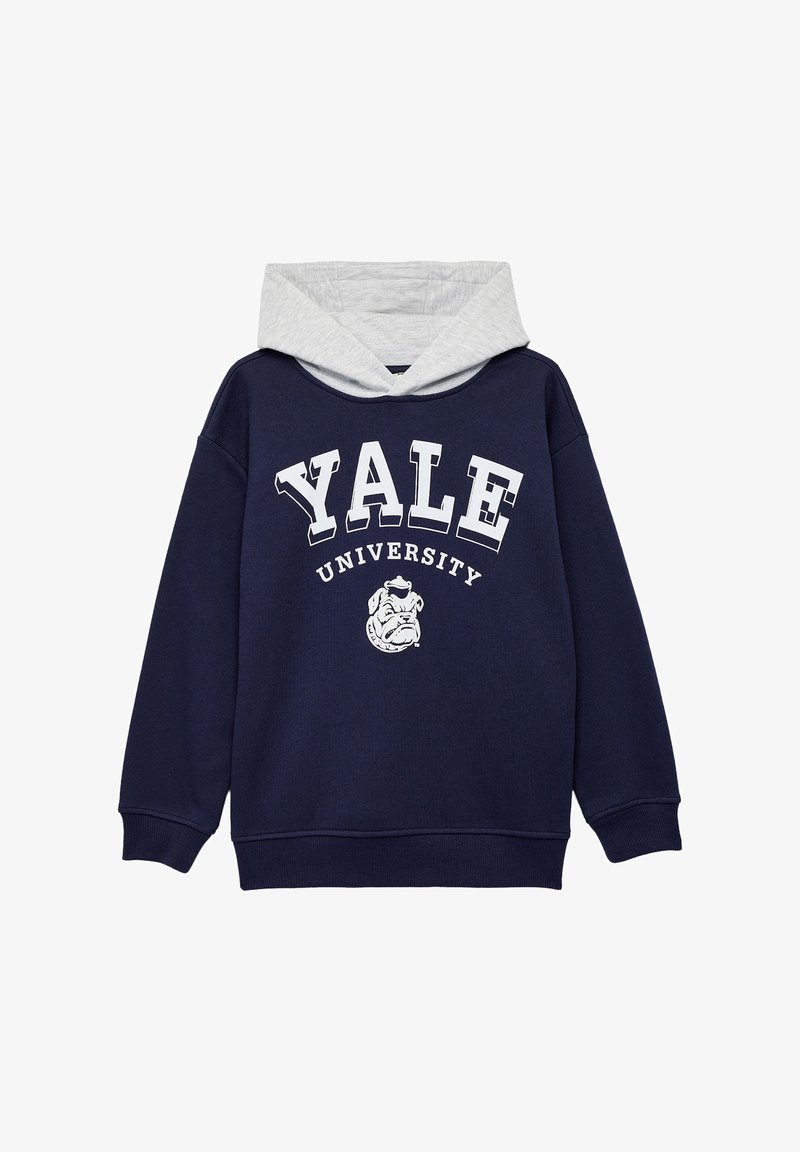 Felpa blu navy con cappuccio grigio chiaro. Presenta la scritta "YALE UNIVERSITY" in bianco e una grafica di un bulldog sul davanti. Materiale misto cotone.