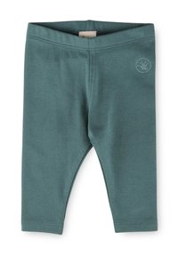 Türkise Baumwollleggings mit glatter Textur, elastischem Bund und einem kleinen erhabenen Logo-Detail an der Seite.