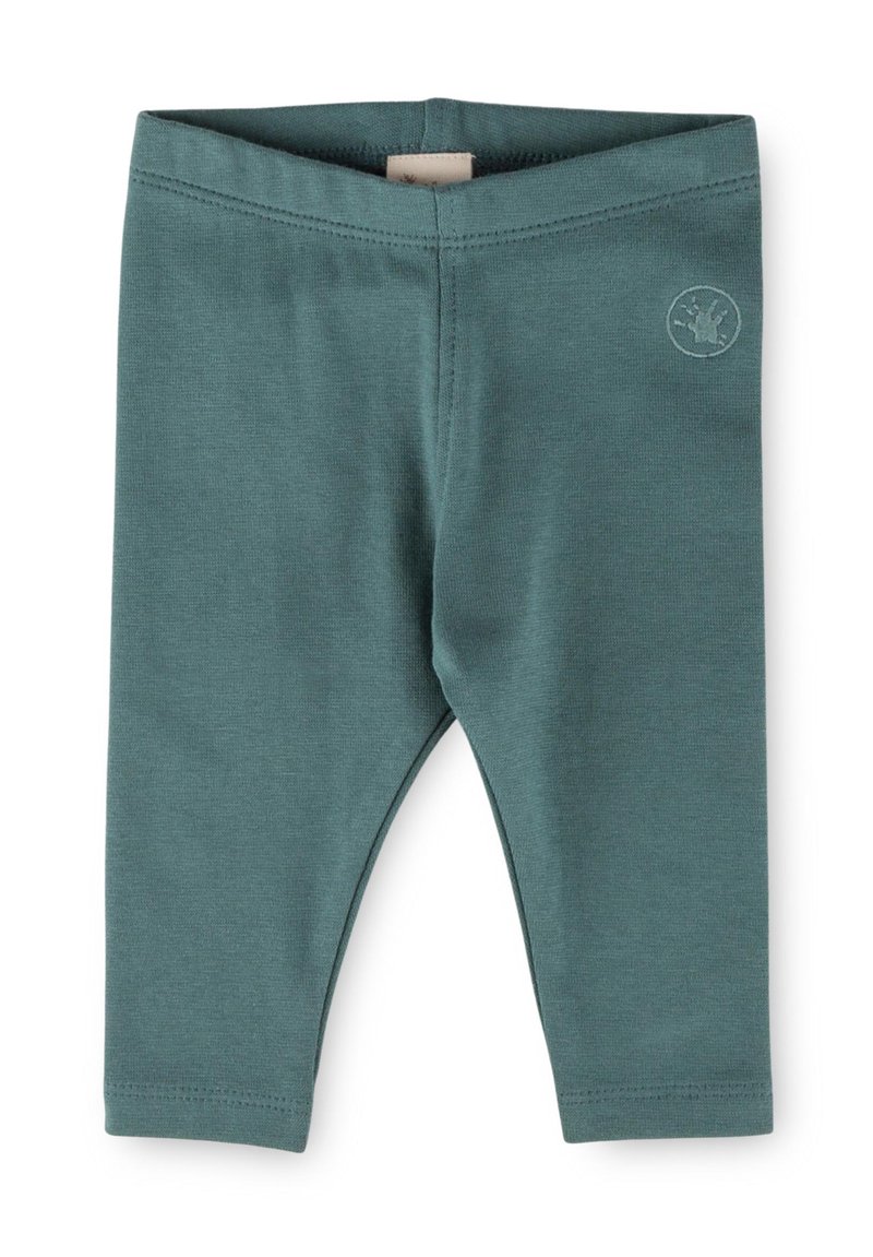Türkise Baumwollleggings mit glatter Textur, elastischem Bund und einem kleinen erhabenen Logo-Detail an der Seite.