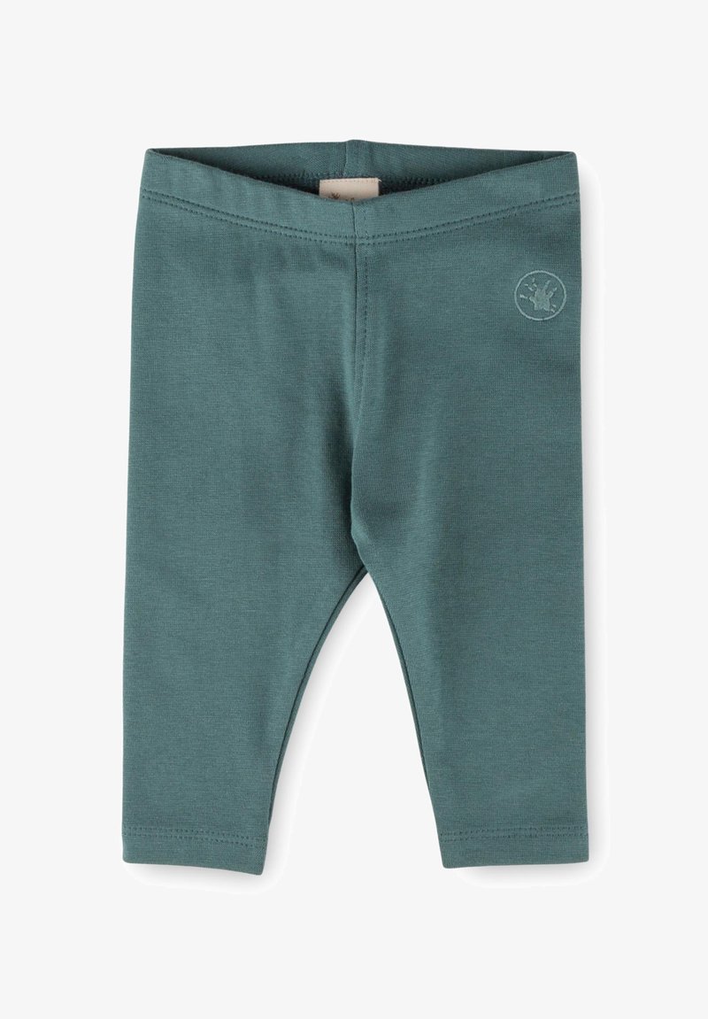 Türkise Baumwollleggings mit glatter Textur, elastischem Bund und einem kleinen erhabenen Logo-Detail an der Seite.