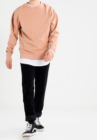 Vaalean persikanvärinen crewneck-huppari pitkähihaisilla hihoilla, valkoisen paidan päällä. Yhdistetty mustiin samettimekkoihin ja mustiin lenkkareihin.