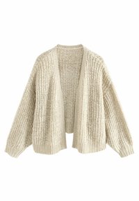 Krémszínű, nyitott elülső kardigán, kötött textúrával, oversize ujjakkal, bordázott aljjal, könnyű és lélegző anyagból.