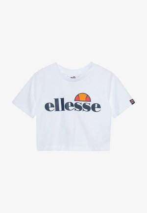 Baltos medvilnės trumpo kirpimo marškiniai su trumpomis rankovėmis, su tamsiai mėlynu "ellesse" logotipu ir oranžine saulės grafika virš teksto.