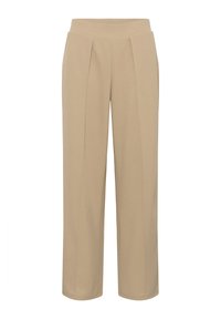 Beige kalhoty na míru vyrobené z měkké tkaniny, s širokým pasem a dvěma předními sklady pro větší texturu a strukturu.