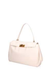 Borsa a tracolla in pelle bianca con design strutturato, chiusura in metallo dorato e una sola tracolla. Texture liscia con una forma minimalista.