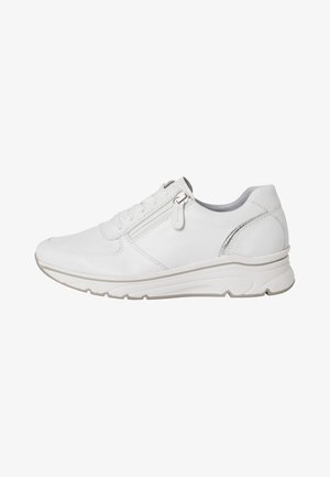 White leather sneaker with lace-up and zip closure features. Cushioned sole, smooth texture, subtle silver accents, and rounded toe design.