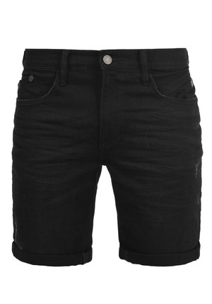 Black denim shorts with a slim fit, featuring a button closure, front pockets, and rolled hems. Slightly distressed detailing present.