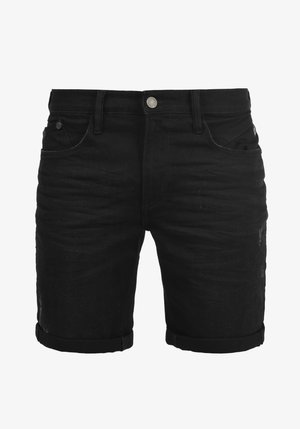 Czarne dżinsowe szorty o dopasowanym kroju, z zapięciem na guzik, przednimi kieszeniami i podwiniętymi brzegami. Z lekko przetartymi detalami.