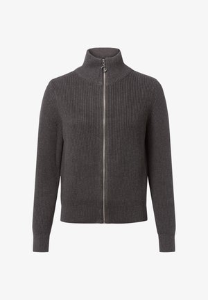 Maglione grigio a coste con colletto alto, zip centrale completa e maniche lunghe. Presenta polsini ed orlo elastici per un aspetto aderente.