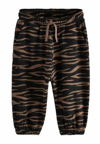 Sort og brun tigerstribede joggingbukser med elastisk talje, justerbar snor, sidelommer og samlede manchetter. Blød stoftekstur.