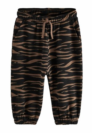 Fekete jogger nadrág, barnás tigrismintával, gumis derékrésszel, húzózsinórral és szűkített mandzsettával a bokáknál.