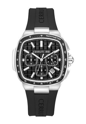 Reloj Cerruti 1881 con una esfera cuadrada de textura negra, acentos plateados, taquímetro y una correa de goma negra con marca en relieve.