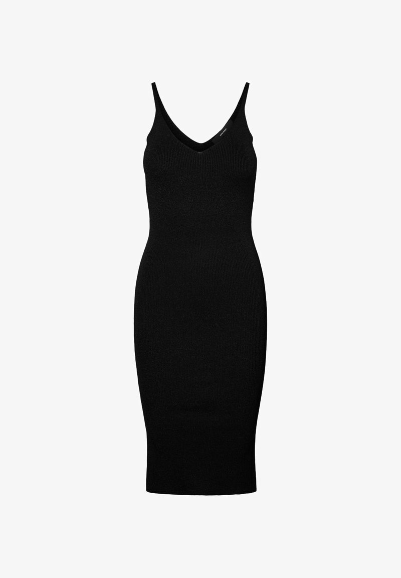 Robe midi noire en maille sans manches avec col en V et silhouette ajustée.