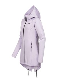 Svijetloplavi zip-up jakna s kapuljačom, s crnim patentnim zatvaračem i akcentima na džepovima, glatke teksture i dužim stražnjim rubom s vezicama.