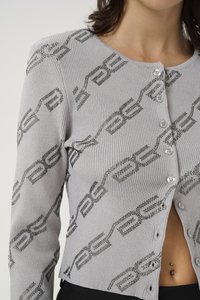 Gray ribbed cardigan featuring a graphic pattern with dark accents, round neckline, and five buttons down the front.