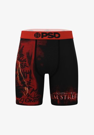 Schwarze Boxer-Briefs mit einem roten Bund und "PSD"-Logo. Die Grafiken zeigen ein Horror-Thema mit kräftigen roten Elementen und Texten aus "A Nightmare on Elm Street."