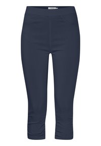 Temno modre skrajšane legice z elastičnim pasom in detajli sprednjega žepa, oblikovane za tesen oprijem.