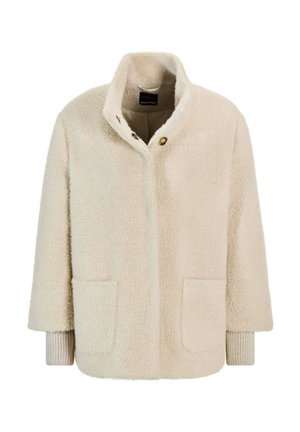 Crème-kleurige fleecejas met een hoge kraag, drukknoopsluiting, twee voorzakken en ribgebreide mouwboorden. Getextureerde, comfortabele stof.