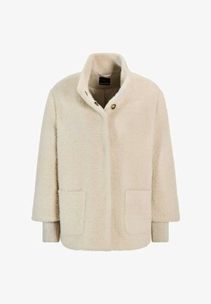 Crème-kleurige fleecejas met een hoge kraag, drukknoopsluiting, twee voorzakken en ribgebreide mouwboorden. Getextureerde, comfortabele stof.