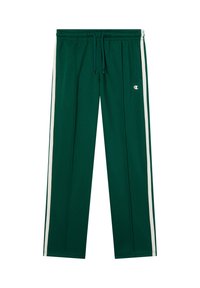 Dunkelgrüne Jogginghose mit weißen seitlichen Streifen, elastischem Bund, Kordelzug und kleinem Champion-Logo auf dem oberen linken Bein.