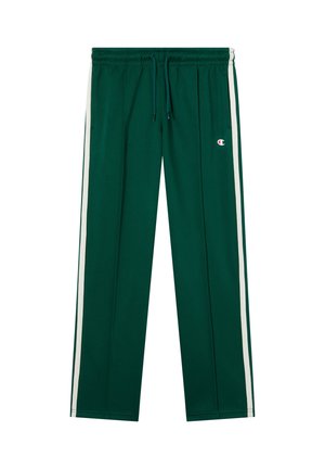 Ciemnozielone spodnie dresowe z białymi paskami po bokach, elastycznym pasem, sznurkiem do regulacji oraz małym logo Champion na górnej lewej nodze.