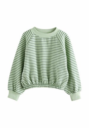 Sweatshirt rayé vert clair avec col rond côtelé, taille élastique et longues manches bouffantes ornées de rayures horizontales plus foncées.