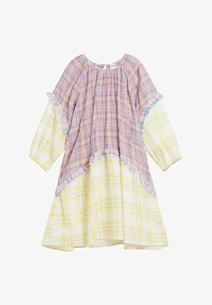 Farebné kárované šaty s fialovým, ružovým a žltým vzorom. Majú dlhé rukávy, nariasený výstrih a vrstvené textúry.