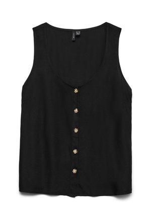 Black sleeveless blouse with a deep V-neck, featuring gold buttons down the front and a smooth, lightweight fabric.