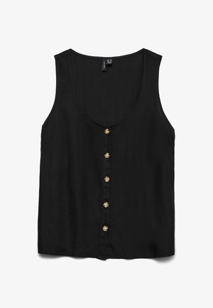 Svart utanärmad blus med djup V-halsringning, prydd med guldknappar framtill och av ett mjukt, lätt material.