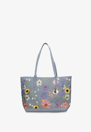 Blauer gewebter Tragetasche mit bestickten mehrfarbigen Blumen und zwei langen Griffen, ausgestattet mit einem kleinen runden metallischen Markentag.