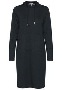 Svart hoodieklänning i mjukt tyg, med långa ärmar, en framficka och justerbara snoddar vid halsringningen.