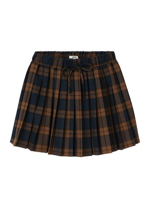 Jupe à carreaux marron et marine avec des plis, taille élastique et cordon de serrage pour l'ajustement. Le tissu semble lisse avec un design structuré.