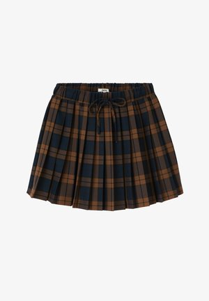 Jupe à carreaux marron et marine avec des plis, taille élastique et cordon de serrage pour l'ajustement. Le tissu semble lisse avec un design structuré.