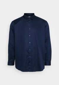 Camicia a maniche lunghe blu navy con bottoni, realizzata in tessuto liscio, caratterizzata da un colletto classico e bottoni coordinati, con una vestibilità comoda.