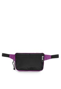 Borsa a vita nera e viola in tessuto con scomparto con zip, caratterizzata da un design piatto, una texture liscia e una tracolla regolabile.