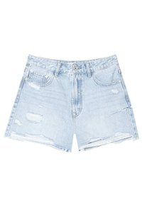 Shorts in denim bluastro con vita alta, dettagli strappati, orli sfilacciati e tasche frontali; chiusura con bottone e zip standard.