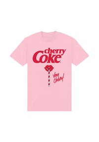 Růžové bavlněné tričko s červeným logem "cherry Coke", grafikou rtů se pruhovaným brčkem a textem "Very Cherry!" v tučném písmu.